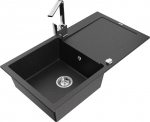 Granitinė virtuvinė plautuvė Mexen Leo su mai&scaron;ytuvu ir sifonu, Metallic black/silver+Chrome