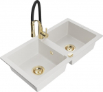 Granitinė virtuvinė plautuvė Mexen Mario su mai&scaron;ytuvu ir sifonu, White+Black/Gold