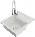Granitinė virtuvinė plautuvė Mexen Enzo su mai&scaron;ytuvu ir sifonu, White+White/Chrome