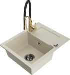 Granitinė virtuvinė plautuvė Mexen Enzo su mai&scaron;ytuvu ir sifonu, Beige+Black/Gold