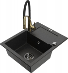 Granitinė virtuvinė plautuvė Mexen Enzo su mai&scaron;ytuvu ir sifonu, Metallic black/silver+Black/Gold