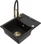 Granitinė virtuvinė plautuvė Mexen Enzo su mai&scaron;ytuvu ir sifonu, Black+Black/Gold