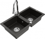 Granitinė virtuvinė plautuvė Mexen Mario su mai&scaron;ytuvu ir sifonu, Metallic black/gold+Chrome