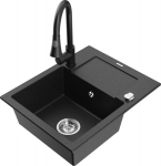 Granitinė virtuvinė plautuvė Mexen Enzo su mai&scaron;ytuvu ir sifonu, Metallic black/silver+Black