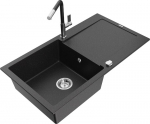 Granitinė virtuvinė plautuvė Mexen Leo su mai&scaron;ytuvu ir sifonu, Metallic black/silver+Black/Chrome