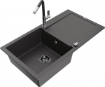 Granitinė virtuvinė plautuvė Mexen Leo su mai&scaron;ytuvu ir sifonu, Black granite+Black/Chrome