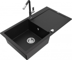 Granitinė virtuvinė plautuvė Mexen Leo su mai&scaron;ytuvu ir sifonu, Black+Black/Chrome