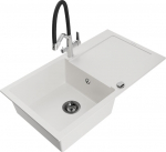 Granitinė virtuvinė plautuvė Mexen Leo su mai&scaron;ytuvu ir sifonu, White+Black/Chrome