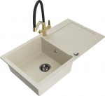 Granitinė virtuvinė plautuvė Mexen Leo su mai&scaron;ytuvu ir sifonu, Beige+Black/Gold