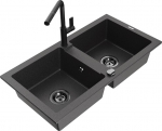 Granitinė virtuvinė plautuvė Mexen Mario su mai&scaron;ytuvu ir sifonu, Black granite+Black