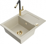 Granitinė virtuvinė plautuvė Mexen Enzo su mai&scaron;ytuvu ir sifonu, Beige+Black/Gold