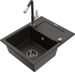 Granitinė virtuvinė plautuvė Mexen Enzo su mai&scaron;ytuvu ir sifonu, Metallic black/gold+Black/Chrome