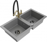 Granitinė virtuvinė plautuvė Mexen Mario su mai&scaron;ytuvu ir sifonu, Grey+Black/Gold
