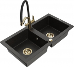 Granitinė virtuvinė plautuvė Mexen Mario su mai&scaron;ytuvu ir sifonu, Metallic black/gold+Black/Gold