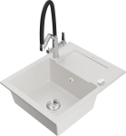 Granitinė virtuvinė plautuvė Mexen Enzo su mai&scaron;ytuvu ir sifonu, White+Black/Chrome