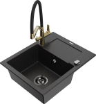 Granitinė virtuvinė plautuvė Mexen Enzo su mai&scaron;ytuvu ir sifonu, Metallic black/silver+Black/Gold