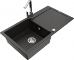 Granitinė virtuvinė plautuvė Mexen Leo su mai&scaron;ytuvu ir sifonu, Metallic black/gold+Chrome