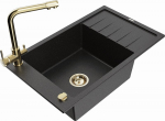 Granitinė virtuvinė plautuvė Mexen Elias su mai&scaron;ytuvu ir sifonu, Metallic black/silver+Gold