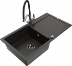 Granitinė virtuvinė plautuvė Mexen Leo su mai&scaron;ytuvu ir sifonu, Metallic black/gold+Black/Chrome