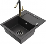 Granitinė virtuvinė plautuvė Mexen Enzo su mai&scaron;ytuvu ir sifonu, Black granite+Black/Gold