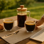 Set: 2 Borosilicate Glass Cups 350 ml + French Press Coffee Maker 350 ml with Bamboo Lid