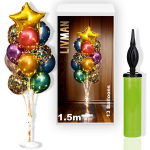 Balionų stovas LIVMAN LX-01 su 13 balionų, 2 LED &scaron;vieselių girliandomis ir komplekte esančiu balionų pripūtimo pompa, 1,5m