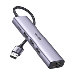 UGREEN 5in1 USB-A to 3x USB 3.0 + RJ45 + USB-C adapteris, sidabrinė