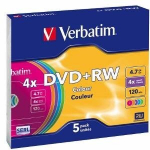 "verbatim dvd+rw", spalvotas, 43297, 4,7 gb, 4x, plona dėžutė, 5 vnt., be spausdinimo galimybės, 12 cm, skirtas duomenų archyvavimui