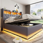 Lova 160 x 200 cm, su LED ap&scaron;vietimu ir USB jungtimi, vieta daiktams susidėti, lininis audinys, pilka