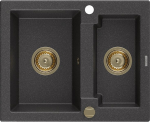 Granitinė virtuvinė plautuvė Mexen Carlos su sifonu, Black granite+Gold, 582 x 475 mm