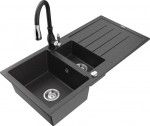 Granitinė virtuvinė plautuvė Mexen Andres su mai&scaron;ytuvu ir sifonu, Black granite/Black