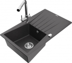 Granitinė virtuvinė plautuvė Mexen Cesar su mai&scaron;ytuvu ir sifonu, Black granite/Chrome