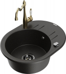 Granitinė virtuvinė plautuvė Mexen Kevin su mai&scaron;ytuvu ir sifonu, Metallic black/gold/Gold