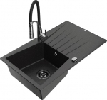 Granitinė virtuvinė plautuvė Mexen Cesar su mai&scaron;ytuvu ir sifonu, Metallic black/silver/black/chrome