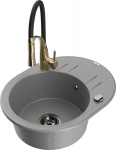Granitinė virtuvinė plautuvė Mexen Kevin su mai&scaron;ytuvu ir sifonu, Grey/Black/Gold