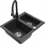 Granitinė virtuvinė plautuvė Mexen Carlos su mai&scaron;ytuvu ir sifonu, Black granite+Black