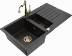 Granitinė virtuvinė plautuvė Mexen Matias su mai&scaron;ytuvu ir sifonu, Metallic black/Silver/Gold