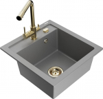 Granitinė virtuvinė plautuvė Mexen Vito su mai&scaron;ytuvu ir sifonu, Grey+Gold
