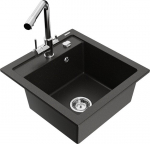 Granitinė virtuvinė plautuvė Mexen Vito su mai&scaron;ytuvu ir sifonu, Metallic black/gold+Chrome