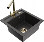 Granitinė virtuvinė plautuvė Mexen Vito su mai&scaron;ytuvu ir sifonu, Black granite+Gold