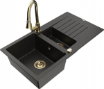Granitinė virtuvinė plautuvė Mexen Matias su mai&scaron;ytuvu ir sifonu, Metallic black/Gold