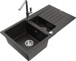 Granitinė virtuvinė plautuvė Mexen Matias su mai&scaron;ytuvu ir sifonu, Metallic black/Gold/Chrome