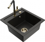 Granitinė virtuvinė plautuvė Mexen Vito su mai&scaron;ytuvu ir sifonu, Metallic black/gold+Black/Gold