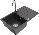 Granitinė virtuvinė plautuvė Mexen Bruno su mai&scaron;ytuvu ir sifonu, Black granite/Chrome