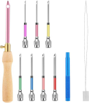 Comnico rinkinys punch needle technikai, rinkinys siuvinėjimui punch needle technika, reguliuojamas įrankis punch needle technikai su 7 dydžių adatomis, siuvimo menas, įrankis adatoms, medinė rankena, siuvinėjimo ra&scaron;iklis siūlams, kryžminis dygsnis,  ...