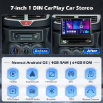 Hikity 4+64g android automobilinis radijas 1 din su i&scaron;traukiamu 7 colių ekranu 1 din su gps navigacija wifi belaidis carplay android automobilio jutiklinis ekranas bluetooth rds/fm radijas atbulinės eigos kamera mikrofonas