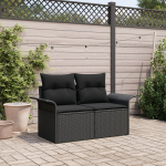 2-vietė sodo sofa su laikymo vieta ir pagalvėmis juoda poli ratanas