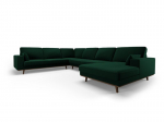 Panoraminė kairioji kampinė velvet sofa Hebe, 6 sėdimos vietos, žalio butelio sp.