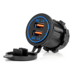 Vandeniui atsparus telefono įkroviklis su mėlynu LED ap&scaron;vietimu, 2xUSB QC3.0 12/24V AMIO-04218