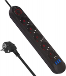 Maclean prailginimo laidas su 5 lizdais ir 3 Usb, 2500w, 1.5m, juodas